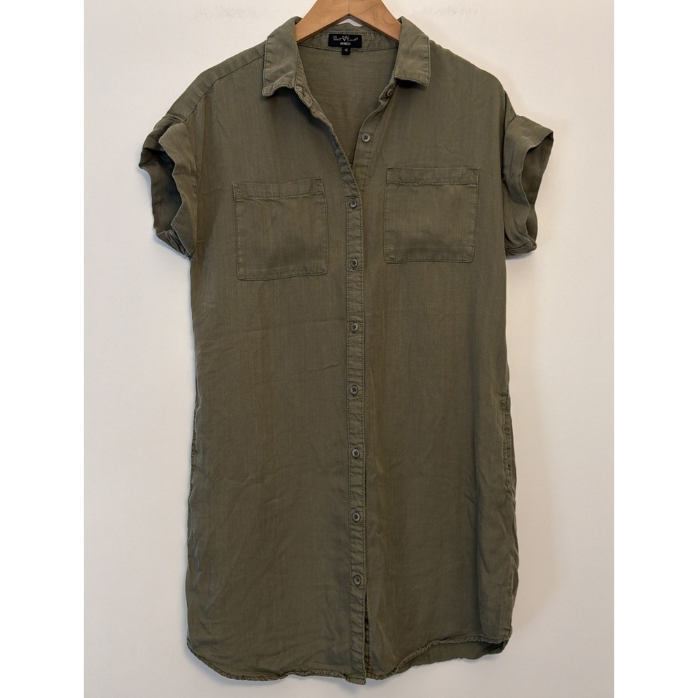 Velvet Heart Button Up Collared Shirt Dress Size M Green Pockets Coastal Beach
